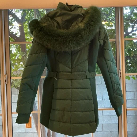 Michael Kors Womens Hooded Puffer Jacket with Faux Fur Trim and Belt